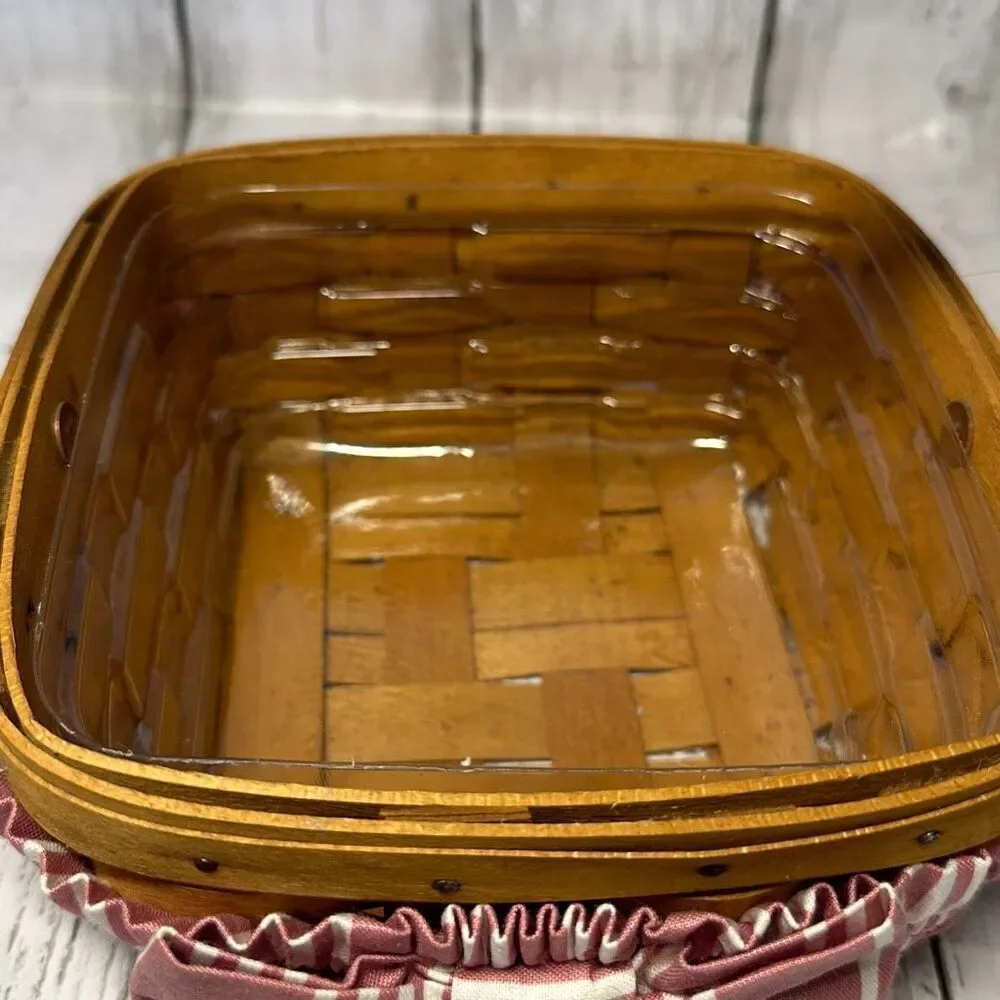 1999 Longaberger Handwoven Single Handle 6.5” Square Basket Pink Garter Protecto